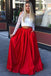 Two Piece Long Sleeves Cold Shoulder Red Long Prom Dress with White Lace Pockets INI73