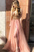 A-Line V-Neck Tulle Long Coral Prom Dress with Beading Split INI70