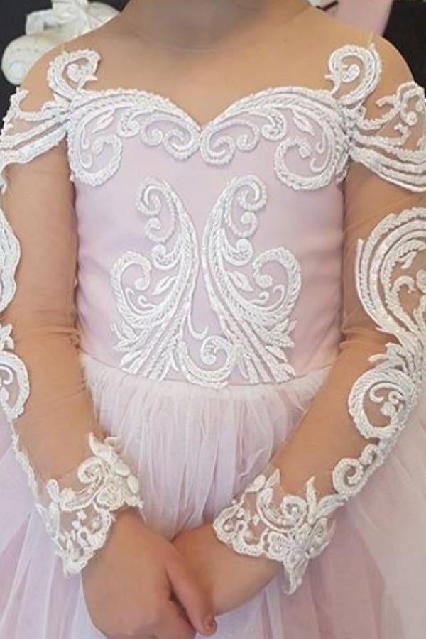 Princess Ball Gown Long Sleeves Tulle Long Flower Girl Dress with Lace Appliques INB98