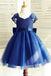 A-Line Square Neck Cap Sleeves Dark Blue Flower Girl Dress with Lace Bowknot INP16