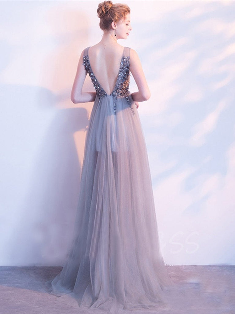 Elegant A Line Sequin Tulle Long V Neck Sleeveless Prom Dresses INC2