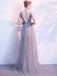 Elegant A Line Sequin Tulle Long V Neck Sleeveless Prom Dresses INC2