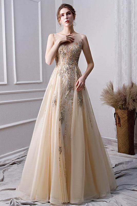 A Line Long Prom Dresses With Beading Formal Evening Gown INL30