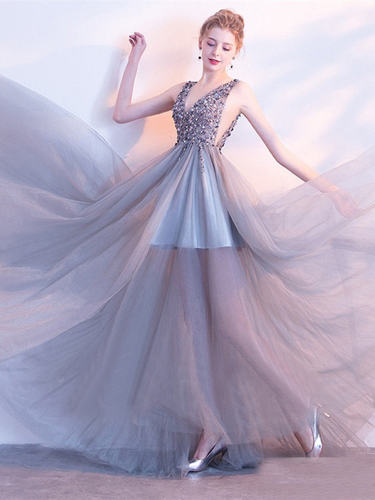Elegant A Line Sequin Tulle Long V Neck Sleeveless Prom Dresses INC2