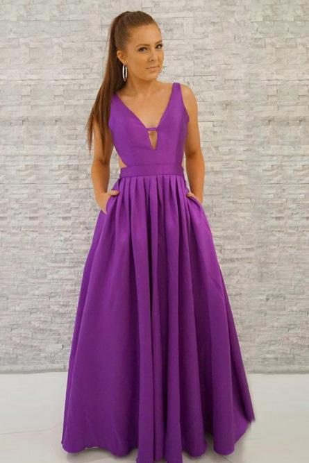 Simple A-Line Deep V-Neck Backless Long Purple Satin Prom Dress with Pockets INJ34