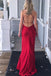 Simple Red V-Neck Spaghetti Straps Slit Side Formal Prom Dresses IN960