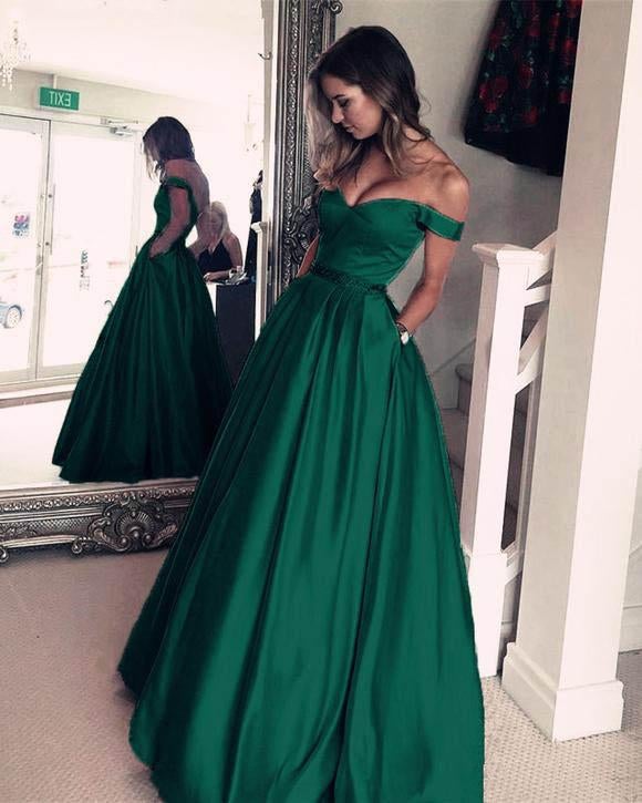 A Line Off The Shoulder Simple Green Long Cheap Prom Dresses With Pockets INH21