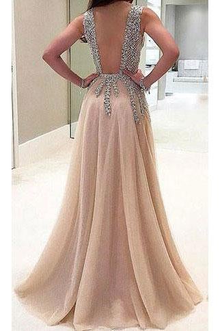A-line V-neck Tulle Sexy Shinny Rhinestone Long Prom Dress With Slit INA89