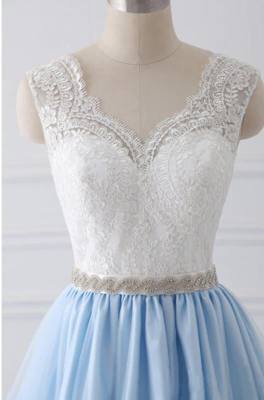 Sky Blue Long V Neck Evening Dress with Beaded Belt,Lace Top Long Prom Dress IN980