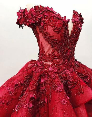 Charming Red Ball Appliques Gown Prom Dress With Beads, Quinceanera Dresses INF37