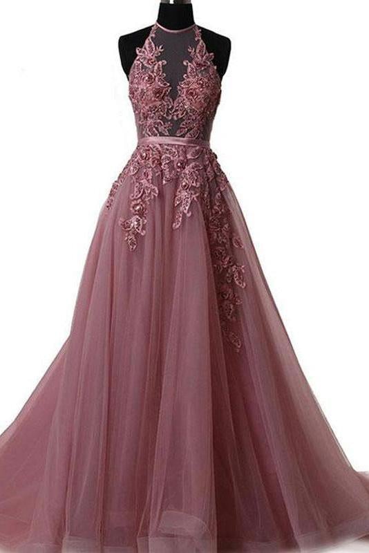 Halter Dusty Red Lace Appliques Tulle A line Long Prom Dresses INA86
