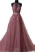 Halter Dusty Red Lace Appliques Tulle A line Long Prom Dresses INA86
