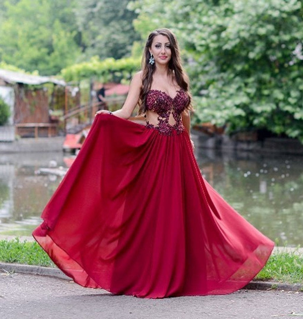 Appliques Beading Strapless Red A Line Chiffon See-through Fashion Prom Dress IN672