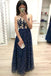 A Line Dark Blue Long Prom Dresses, Sequins Sleeveless Evening Dress INJ19