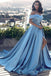 Off Shoulder Blue Prom Gown with Slit, Long Formal Evening Dress with Sweep Train IND95