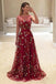 A-Line Bateau Burgundy Floral Lace Long Prom Dresses INH4