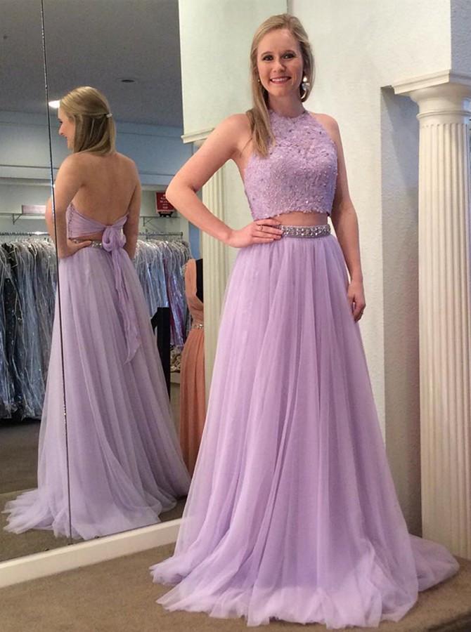 Two Piece Halter Backless Tulle Lavender Prom Dress with Lace Beading INI75