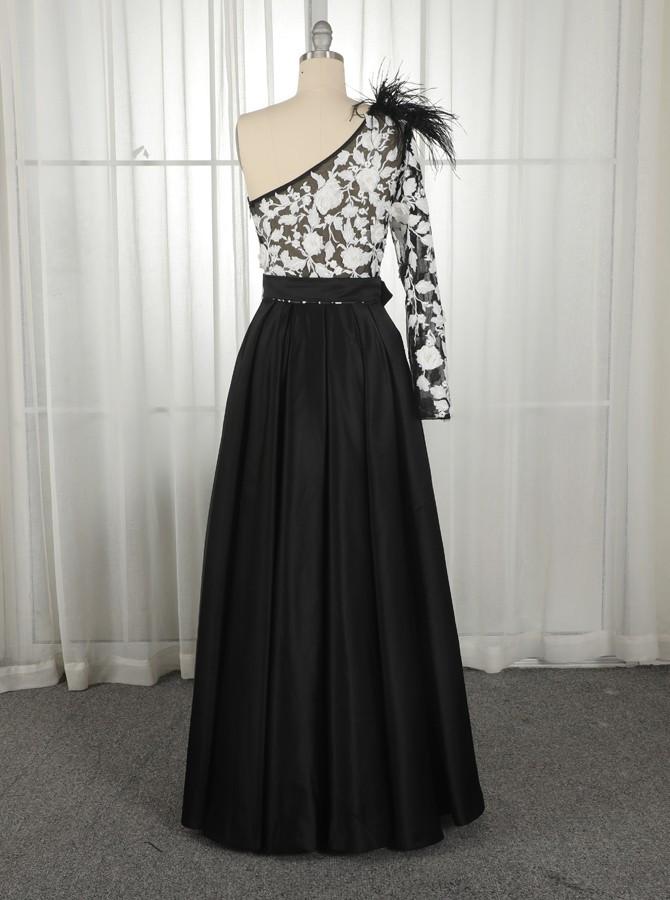 A-Line One-Shoulder Black Long Lace Appliqued Split Prom Dress with Pockets INJ11