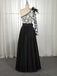 A-Line One-Shoulder Black Long Lace Appliqued Split Prom Dress with Pockets INJ11