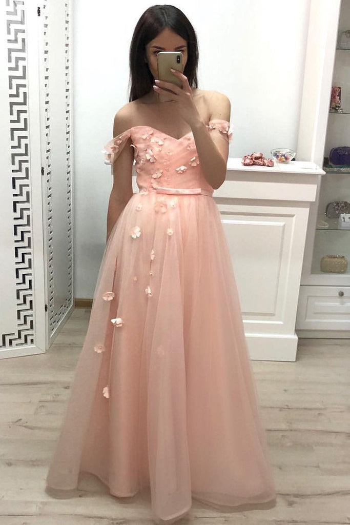 A Line Off the Shoulder Long Prom Dresses, Pleats Prom Gown With Flowers INJ20