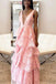 A-Line Prom Dress,Deep V-Neck Prom Dresses,Backless Prom Dresses,Pink Prom Dress,Lace Prom Gowns,Layers Prom Dress
