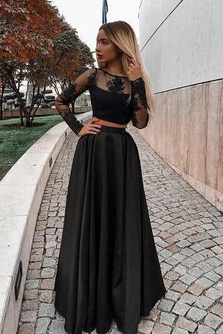 Two Piece Long Sleeve Floor-Length Black Prom Dress with Lace Appliques INJ13