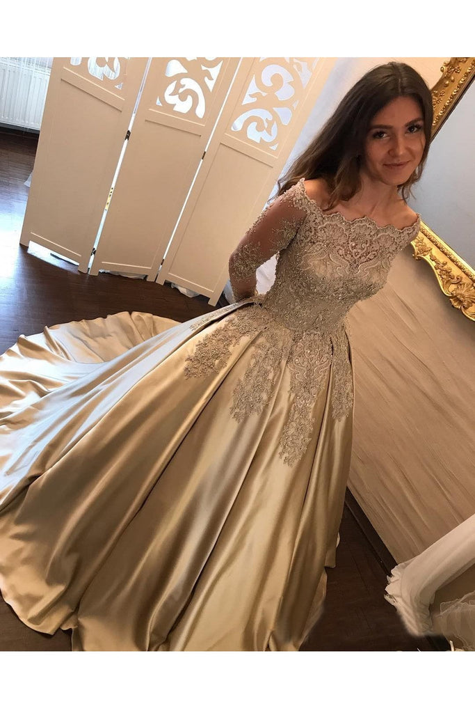 Charming Satin Ball Gown Long Sleeve Lace Appliques Prom Dress IN853