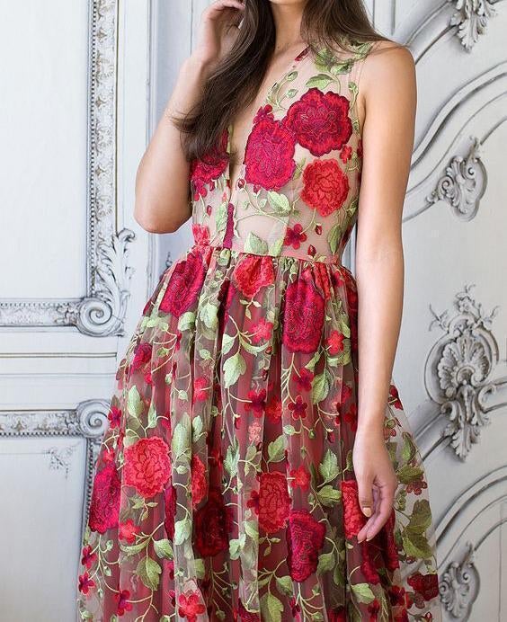 Red Floral Embroidery See Through Long Elegant Formal Prom Dresses ING89