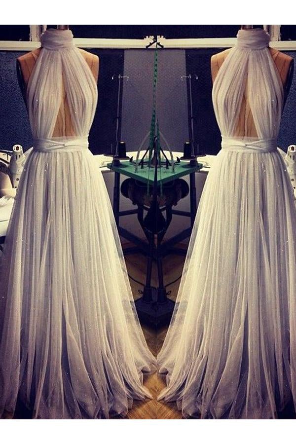 beautiful A-line Cheap Long Sexy Simple Ivory High Neck Tulle Prom Dress IN759