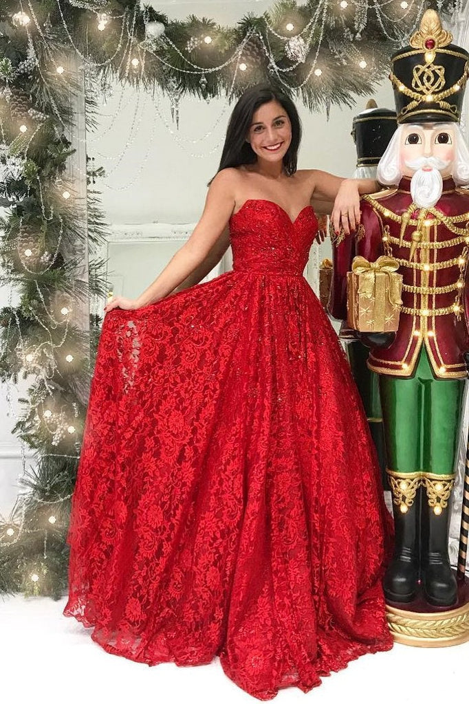 Princess A Line Sweetheart Strapless Red Lace Long Prom Dress IN760