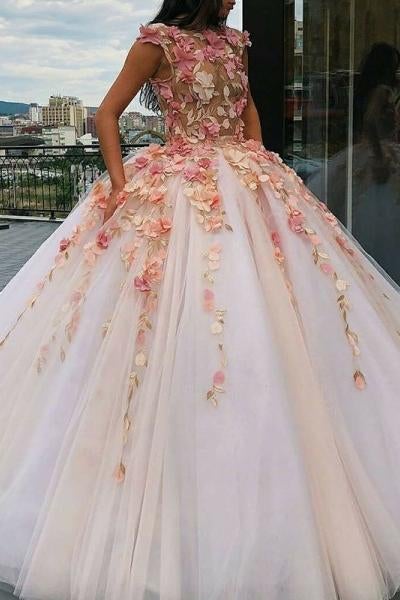Jewel Tulle Long Cap Sleeves Ball Gown Prom Dress with Flower Appliques INH10