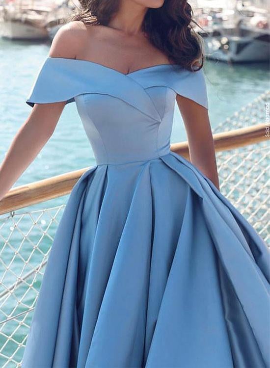 Off Shoulder Blue Prom Gown with Slit, Long Formal Evening Dress with Sweep Train IND95
