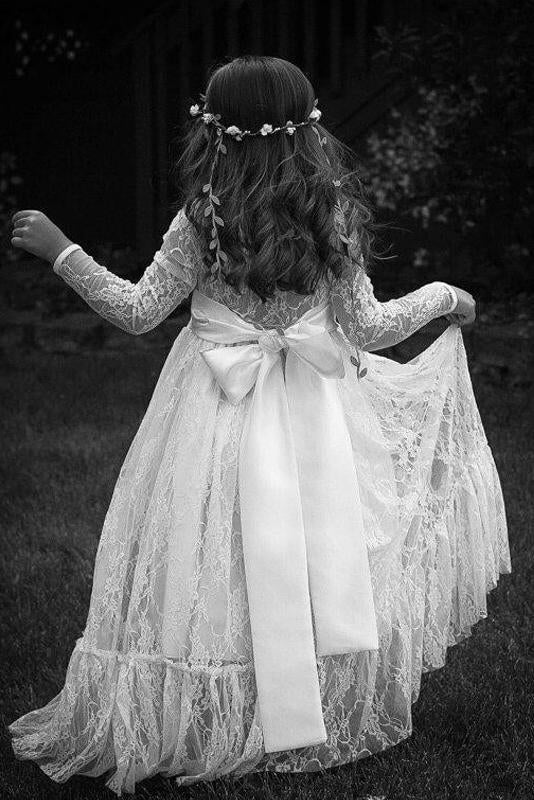 Ivory A-Line Long Sleeves Jewel Bowknot Lace Floor-Length Flower Girl Dress IN708