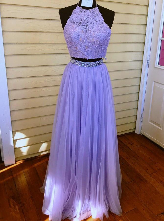 Two Piece Halter Backless Tulle Lavender Prom Dress with Lace Beading INI75