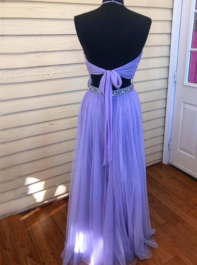 Two Piece Halter Backless Tulle Lavender Prom Dress with Lace Beading INI75