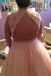 Pink Tulle High Neck Long Beading Plus Size Prom Dress With Lace Top IN660