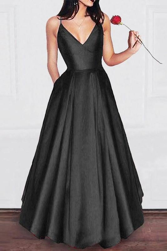 Charming A Line V Neck Satin Spaghetti Straps Long Prom Dress,Girls Graduation Dresses INB29