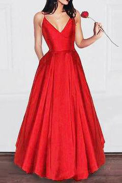 Charming A Line V Neck Satin Spaghetti Straps Long Prom Dress,Girls Graduation Dresses INB29