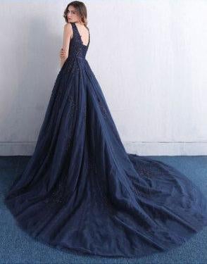 Dark Blue V Neck A Line Appliques Tulle Long Prom Dress IN820
