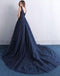 Dark Blue V Neck A Line Appliques Tulle Long Prom Dress IN820