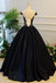 Generous Puffy A-Line Cap Sleeves Lace-up Black Satin Long Prom Dress with Appliques IN782
