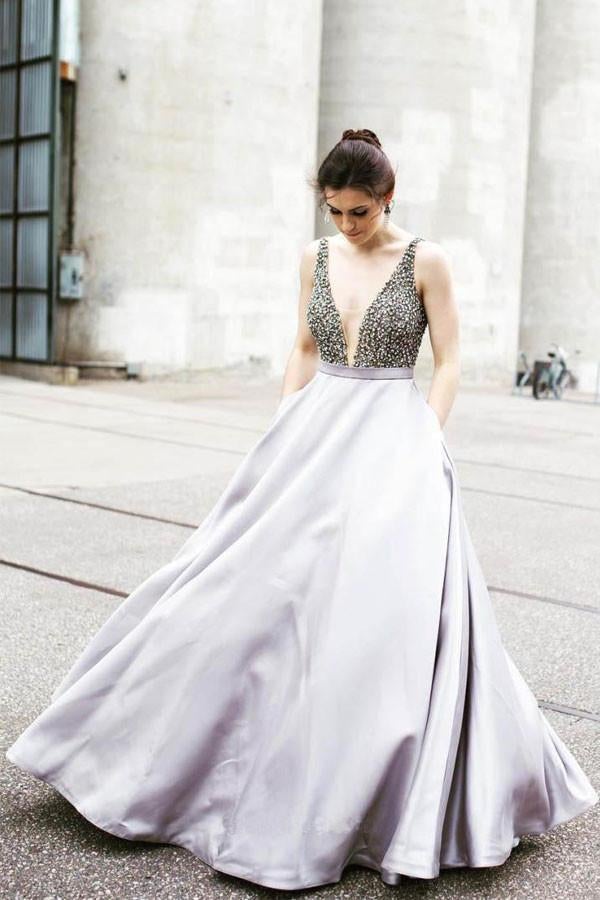 Sexy Deep V Neck Beading Prom Dress With Pockets,Sleeveless Long Evening Dress IN698