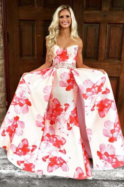 A-Line Sweetheart Floral Printed Pink Satin Prom Dress with Beading IN818