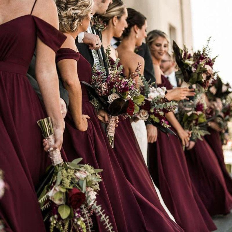 Spaghetti Straps Cheap Chiffon Off Shoulder Burgundy Bridesmaid Dresses ING61