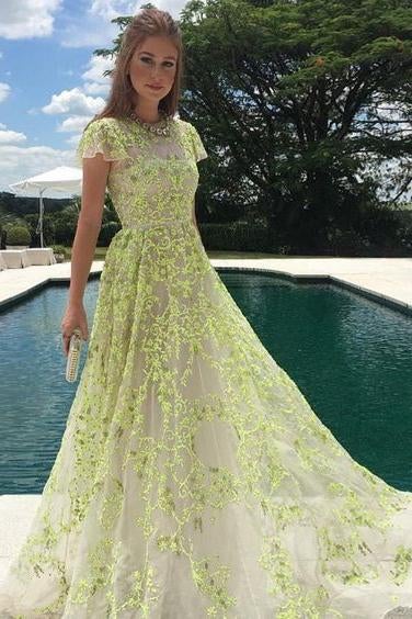 A-Line Lace Cap Sleeves Daffodil Tulle Long Prom Dress with Appliques INE46