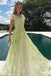 A-Line Lace Cap Sleeves Daffodil Tulle Long Prom Dress with Appliques INE46