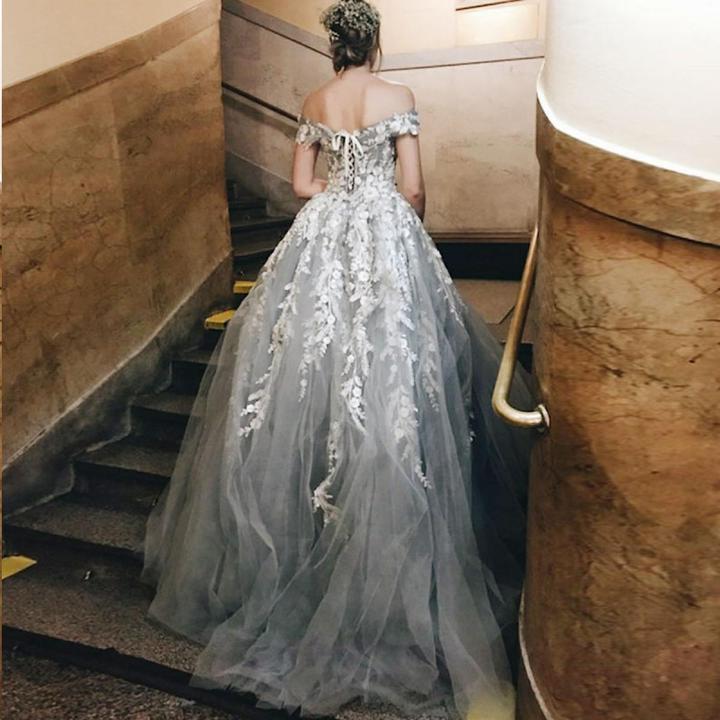 Off the Shoulder Grey Tulle Applique Charming Cheap Long Ball Gown Prom Dress INE48