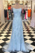 Blue Lace Applique Mermaid Sexy Cheap Long Prom Dress INE39