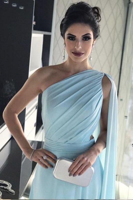 Light Blue One Shoulder Chiffon Formal Prom Gown, Simple Bridesmaid Dresses INI35