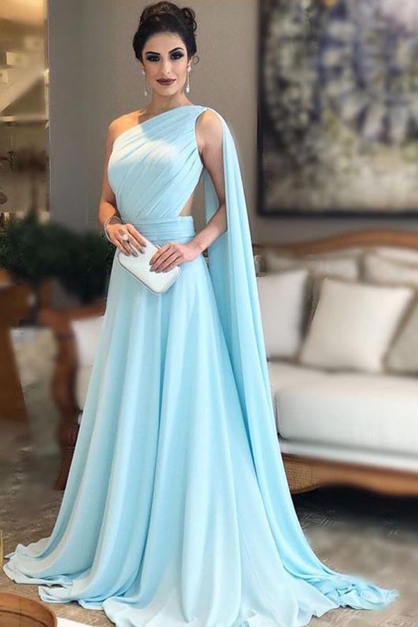 Light Blue One Shoulder Chiffon Formal Prom Gown, Simple Bridesmaid Dresses INI35